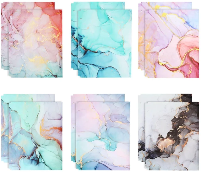 Main image of 12 pcs Plastic Folders with Pockets,3 Hole Punched Folders Heavy Duty Binder Folder for 3 Ring Binder,Cute Marble Colors 2-Pocket Folders for School&Office,Back to School Supplies