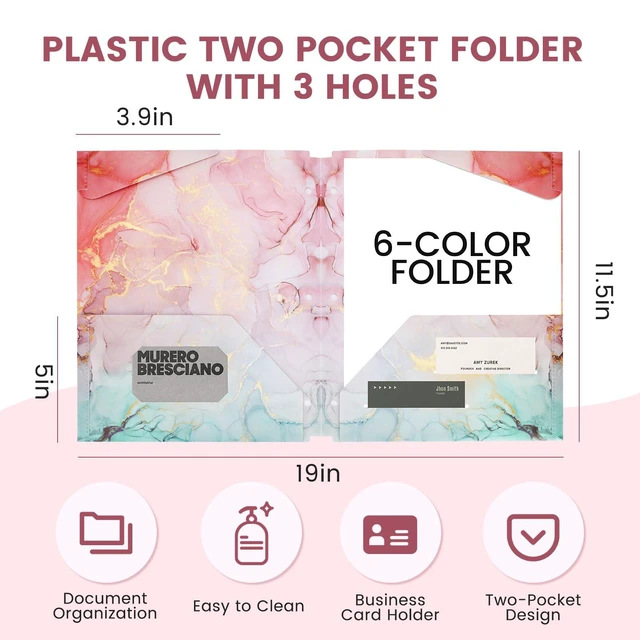 Alt view image 2 of 7 - 6 pcs Plastic Folders with Pockets,3 Hole Punched Folders Heavy Duty Binder Folder for 3 Ring Binder,Cute Marble Colors 2-Pocket Folders for Documents,Back to School Supplies