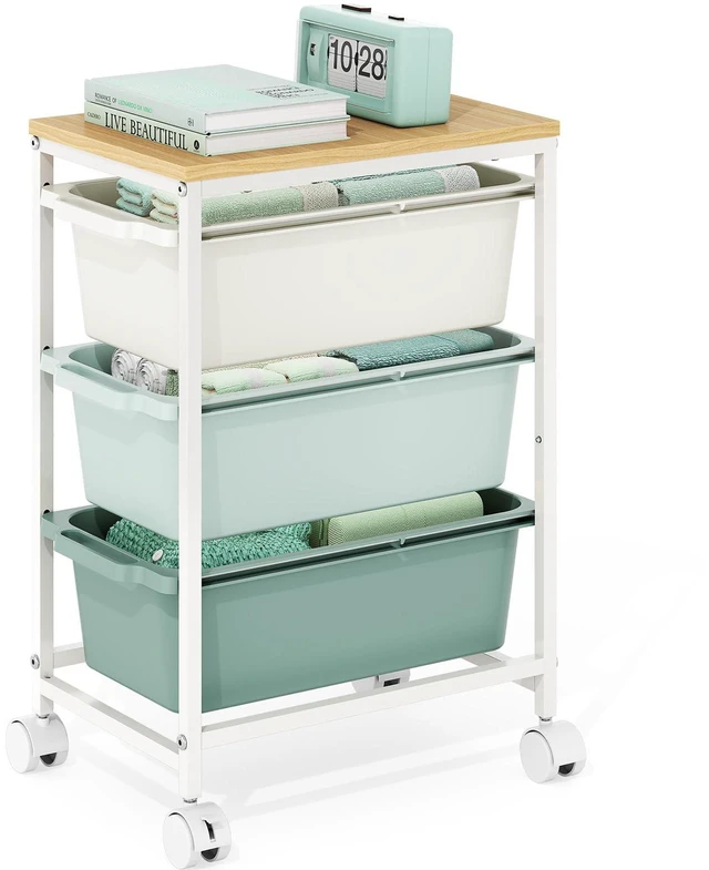 Main image of Slim Rolling Cart with 3 Drawers, Metal Utility Storage Cart | Wooden Tabletop, Lockable Wheels, Under Desk Trolley for Bedroom, Children's Room and Office Organization, Green
