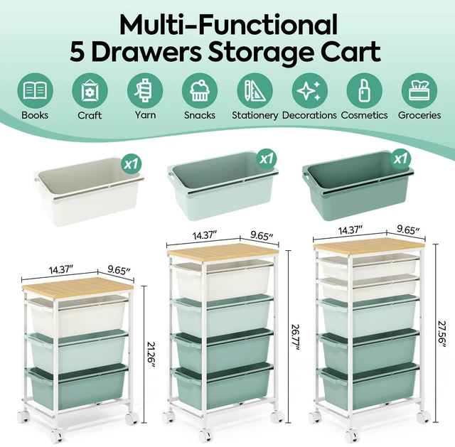 Alt view image 2 of 7 - Slim Rolling Cart with 3 Drawers, Metal Utility Storage Cart | Wooden Tabletop, Lockable Wheels, Under Desk Trolley for Bedroom, Children's Room and Office Organization, Green