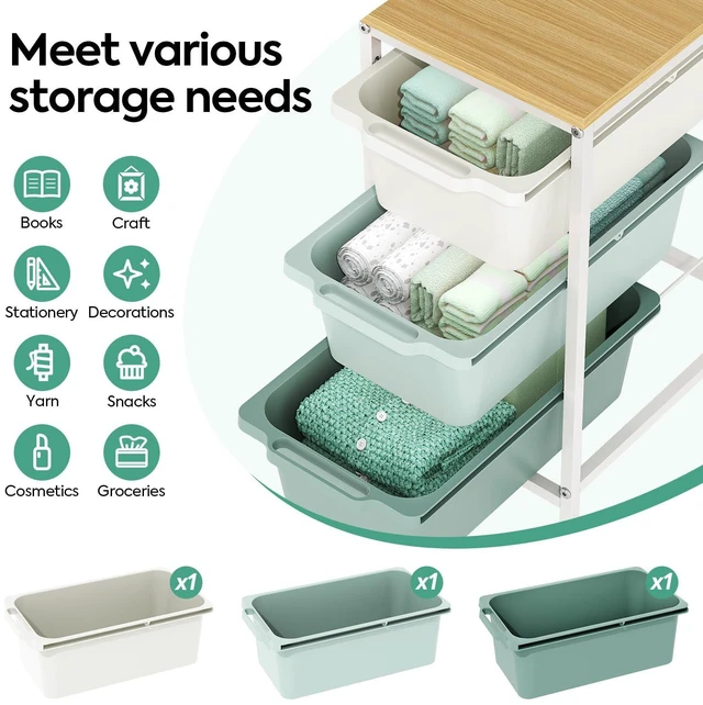 Alt view image 3 of 7 - Slim Rolling Cart with 3 Drawers, Metal Utility Storage Cart | Wooden Tabletop, Lockable Wheels, Under Desk Trolley for Bedroom, Children's Room and Office Organization, Green