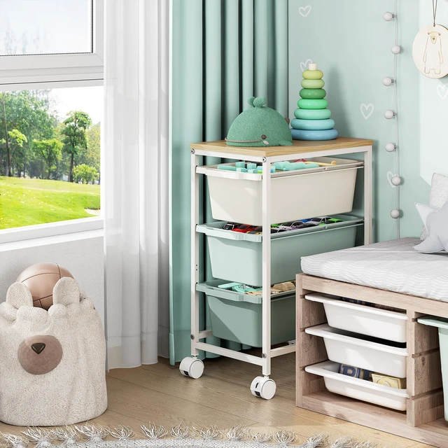 Alt view image 5 of 7 - Slim Rolling Cart with 3 Drawers, Metal Utility Storage Cart | Wooden Tabletop, Lockable Wheels, Under Desk Trolley for Bedroom, Children's Room and Office Organization, Green