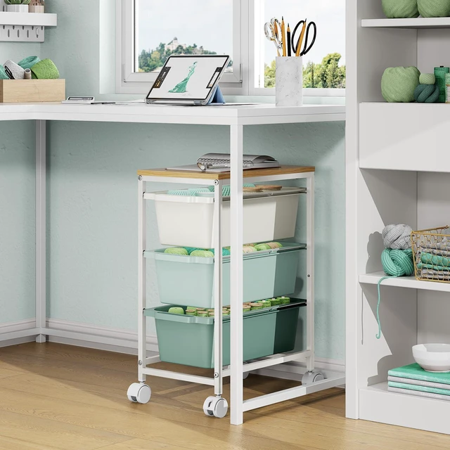 Alt view image 7 of 7 - Slim Rolling Cart with 3 Drawers, Metal Utility Storage Cart | Wooden Tabletop, Lockable Wheels, Under Desk Trolley for Bedroom, Children's Room and Office Organization, Green