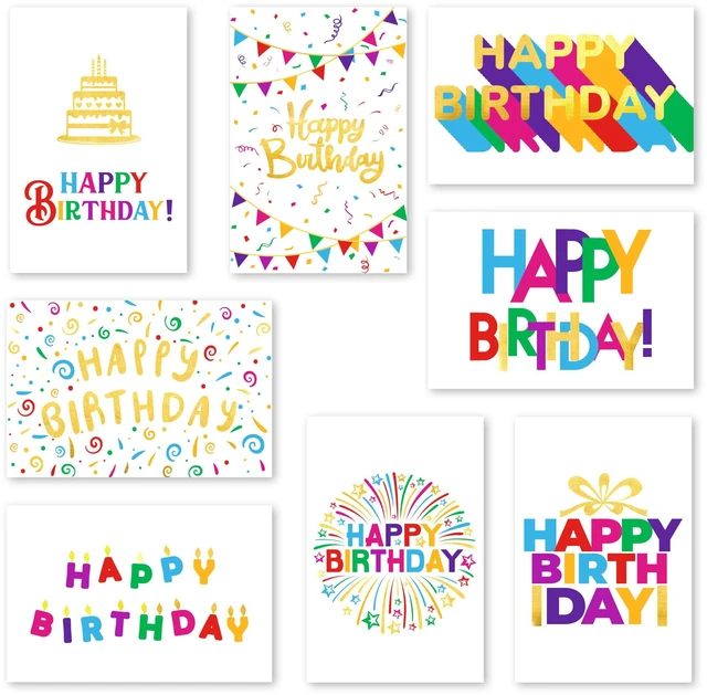 Main image of 120 Pack Assorted Gold Foil Happy Birthday Cards with Envelopes, Organizer Box, Stickers, and Seals - 4x6 Inches, 8 Unique Designs, Ideal for Kids, Men, Women, and Elderly