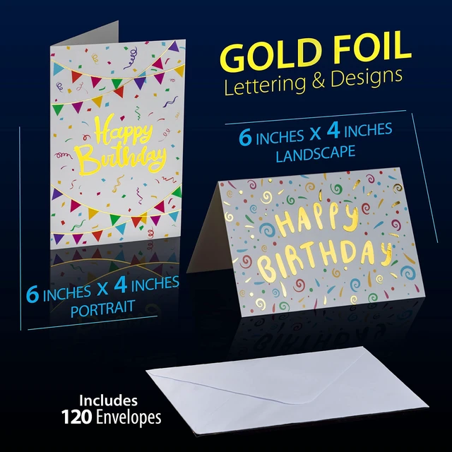 Alt view image 2 of 7 - 120 Pack Assorted Gold Foil Happy Birthday Cards with Envelopes, Organizer Box, Stickers, and Seals - 4x6 Inches, 8 Unique Designs, Ideal for Kids, Men, Women, and Elderly