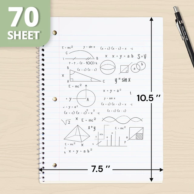Alt view image 2 of 6 - 1 Subject Spiral Notebook Wide Ruled 5 Pack, 140 Pages, Black 70 Sheets, 7.5 x 10.5 in, 3-Hole Punched, School Notebook, Wide Ruled Paper, Study, Students