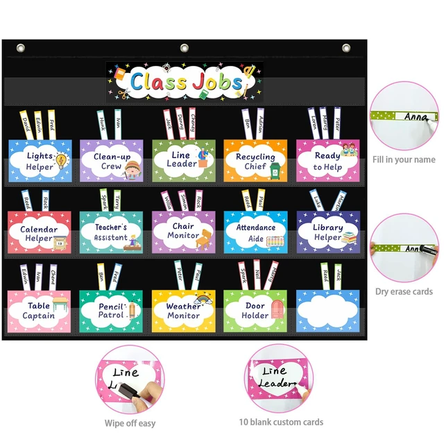Alt view image 4 of 7 - Class Jobs Pocket Chart with 70 Colorful Dry Erase Cards and 3 Hooks,Class Management Educational Pocket Chart Teacher's Helper Size: 24.5x21.8inch Bulletin Board for Classroom (Black)