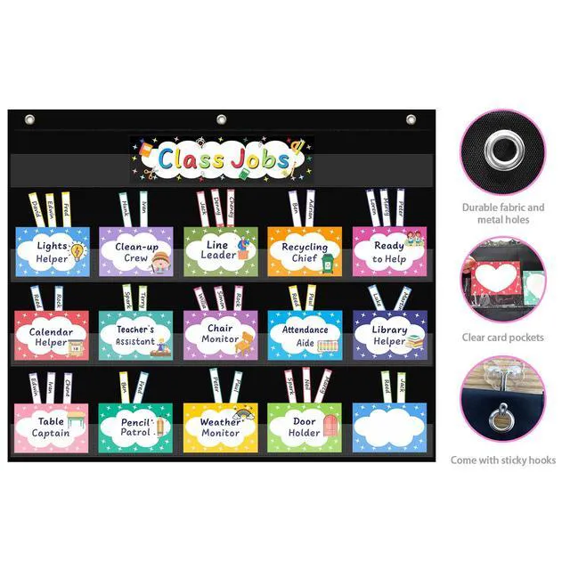 Alt view image 6 of 7 - Class Jobs Pocket Chart with 70 Colorful Dry Erase Cards and 3 Hooks,Class Management Educational Pocket Chart Teacher's Helper Size: 24.5x21.8inch Bulletin Board for Classroom (Black)