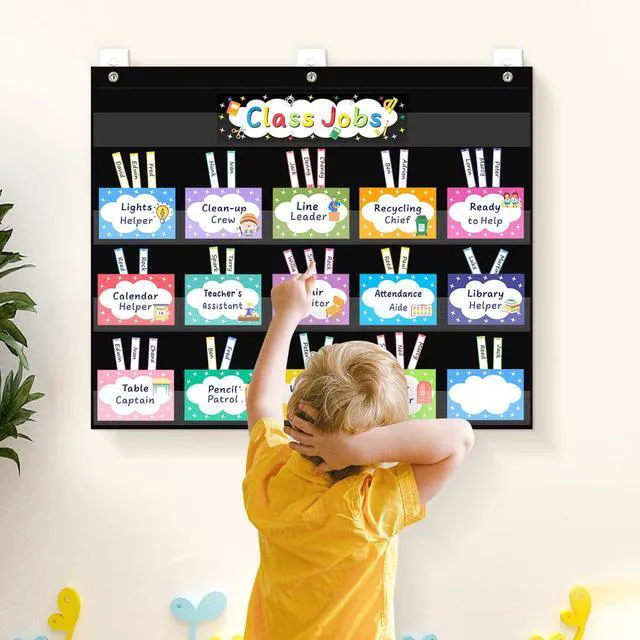 Alt view image 7 of 7 - Class Jobs Pocket Chart with 70 Colorful Dry Erase Cards and 3 Hooks,Class Management Educational Pocket Chart Teacher's Helper Size: 24.5x21.8inch Bulletin Board for Classroom (Black)