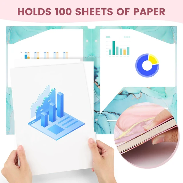 Alt view image 5 of 7 - 6 pcs Plastic Folders with Pockets,3 Hole Punched Folders Heavy Duty Binder Folder for 3 Ring Binder,Cute Marble Colors 2-Pocket Folders for Documents,Back to School Supplies