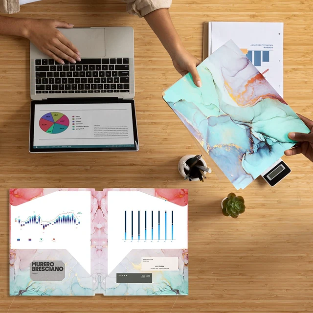 Alt view image 6 of 7 - 6 pcs Plastic Folders with Pockets,3 Hole Punched Folders Heavy Duty Binder Folder for 3 Ring Binder,Cute Marble Colors 2-Pocket Folders for Documents,Back to School Supplies