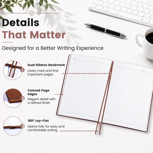Alt view image 5 of 7 - College Ruled Journal for Men & Women, Softcover A5 Leather Notebook 3 Pack, Brown, 176 Pages, 100 GSM Paper, Vegan Leather, Customizable Bookmark, Daily Writing, Journaling, Work & School
