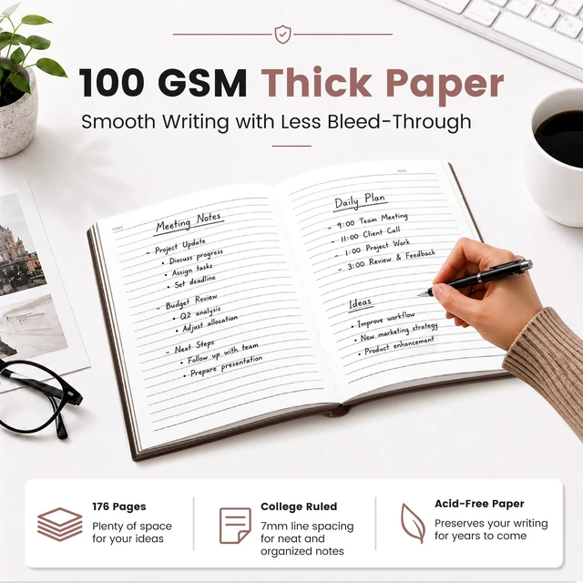 Alt view image 4 of 7 - College Ruled Journal for Men & Women, Softcover A5 Leather Notebook 3 Pack, Brown, 176 Pages, 100 GSM Paper, Vegan Leather, Customizable Bookmark, Daily Writing, Journaling, Work & School