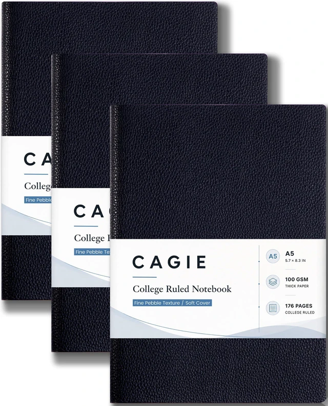Main image of College Ruled Journal for Men & Women, Softcover A5 Leather Notebook 3 Pack, Black, 176 Pages, 100 GSM Paper, Vegan Leather, Customizable Bookmark, Daily Writing, Journaling, Work & School