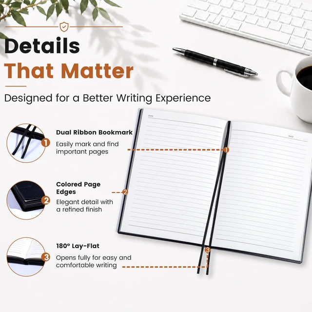 Alt view image 5 of 7 - College Ruled Journal for Men & Women, Softcover A5 Leather Notebook 3 Pack, Black, 176 Pages, 100 GSM Paper, Vegan Leather, Customizable Bookmark, Daily Writing, Journaling, Work & School