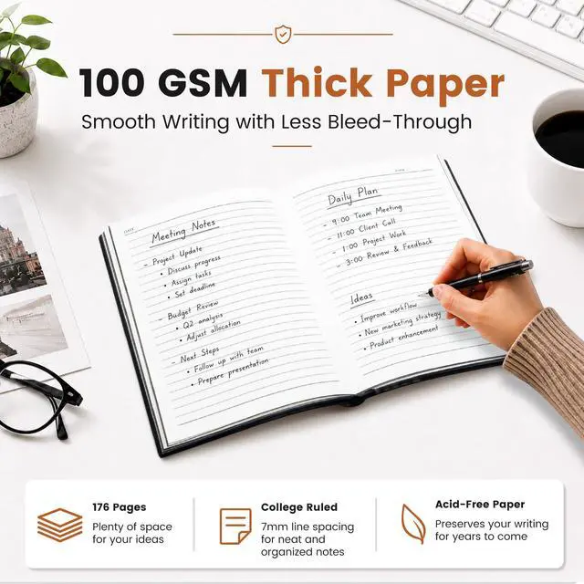 Alt view image 4 of 7 - College Ruled Journal for Men & Women, Softcover A5 Leather Notebook 3 Pack, Black, 176 Pages, 100 GSM Paper, Vegan Leather, Customizable Bookmark, Daily Writing, Journaling, Work & School