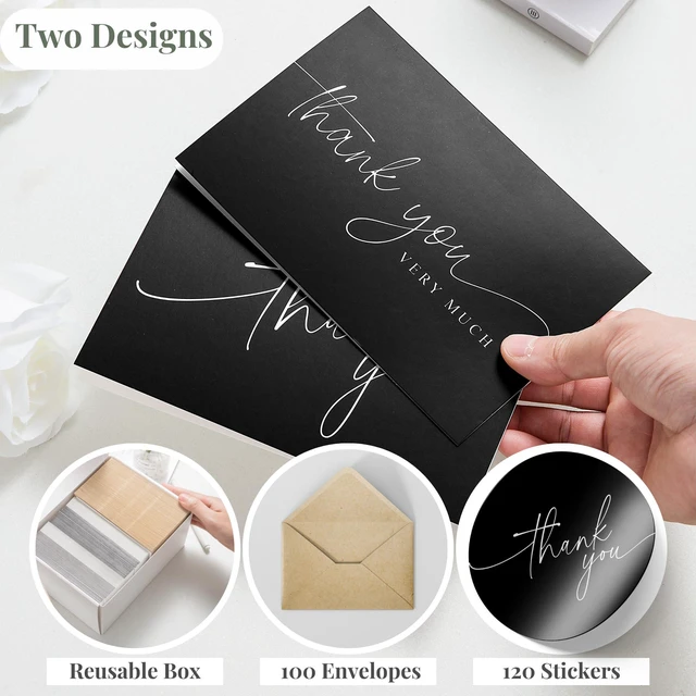 Alt view image 2 of 6 - Thank You Cards with Envelopes - Bulk Pack of 100 Black Thank You Card 4" x 6" Thank You Cards and Stickers, For Business, Baby Shower, Wedding, Small Business, Graduation, Bridal Shower, Funeral
