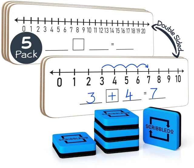 Main image of Dry Erase Number Line Board 12x4 Double Sided 5 Pack with Eraser 5 Board 5 Erasers, 0-10 And 0-20 Math Layouts, Lightweight Lapboards for Classroom, Homeschool, Easy to Clean No Ghosting