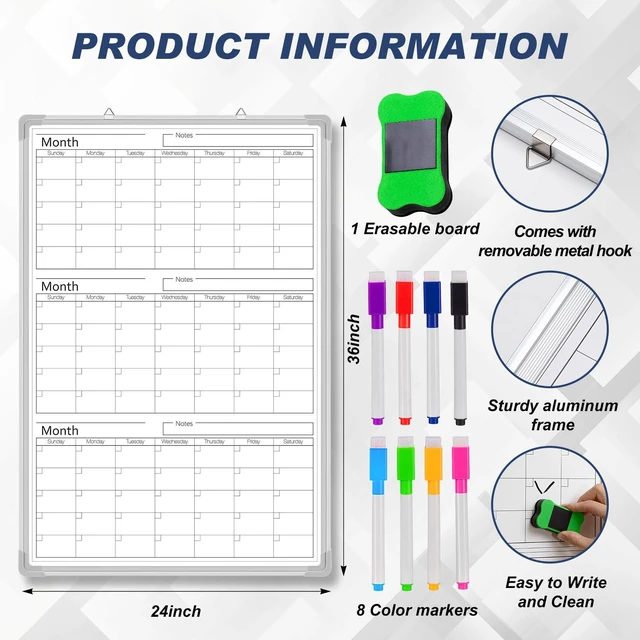 Alt view image 2 of 6 - 3 Month 36" x 24" Vertical Whiteboard Calendar Dry Erase for Wall Magnetic Planner for Fridge, Undated Planning, Aluminum Frame, Markers Included, for Home Office Projects