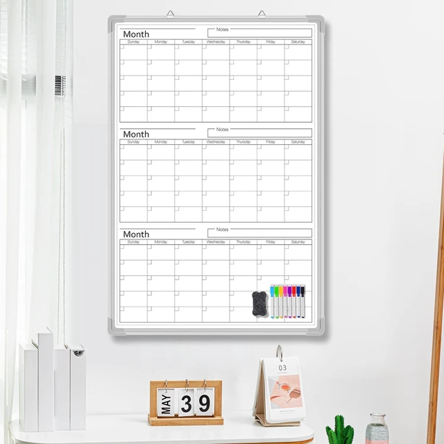Alt view image 3 of 6 - 3 Month 36" x 24" Vertical Whiteboard Calendar Dry Erase for Wall Magnetic Planner for Fridge, Undated Planning, Aluminum Frame, Markers Included, for Home Office Projects