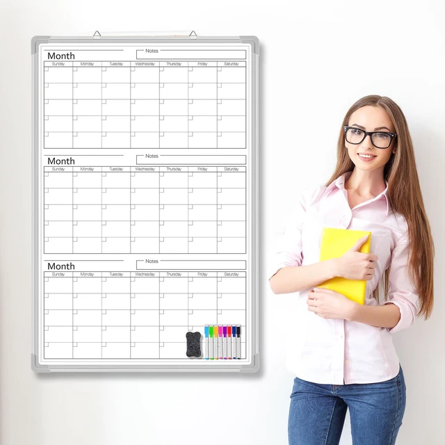 Alt view image 4 of 6 - 3 Month 36" x 24" Vertical Whiteboard Calendar Dry Erase for Wall Magnetic Planner for Fridge, Undated Planning, Aluminum Frame, Markers Included, for Home Office Projects