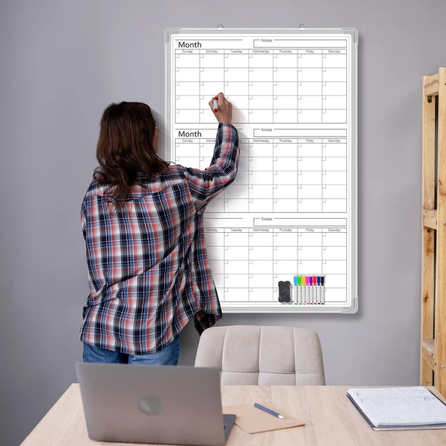 Alt view image 5 of 6 - 3 Month 36" x 24" Vertical Whiteboard Calendar Dry Erase for Wall Magnetic Planner for Fridge, Undated Planning, Aluminum Frame, Markers Included, for Home Office Projects