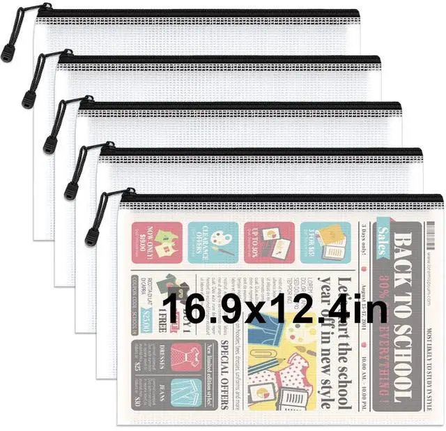 Main image of 5 Pack A3 Heavy Duty Mesh Zipper Pouch Bags, File Document Organizer Thick A3 Storage Bags Protect Artwork, Documents & Projects with Sturdy Material, Smooth Zippers, and Reusable Organization