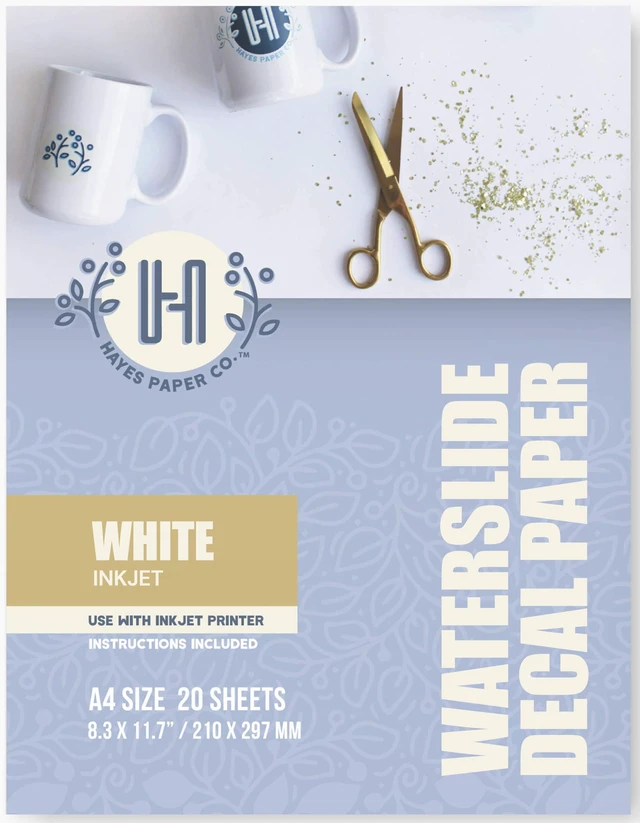 Main image of Waterslide Decal Paper INKJET WHITE 20 Sheets Premium Water Slide Transfer Paper, Bright White, A4 Size, 8.25 x 11.7 Inch