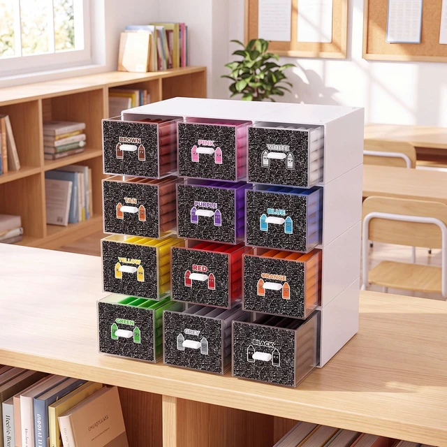 Main image of 12 Pcs/ 4 Pack Plastic Crayon Organizer for Classroom Back to School Crayon Storage Boxes Drawer for Marker Pen Art Craft Supplies Crayons Container for Classroom Office Table with Color Label