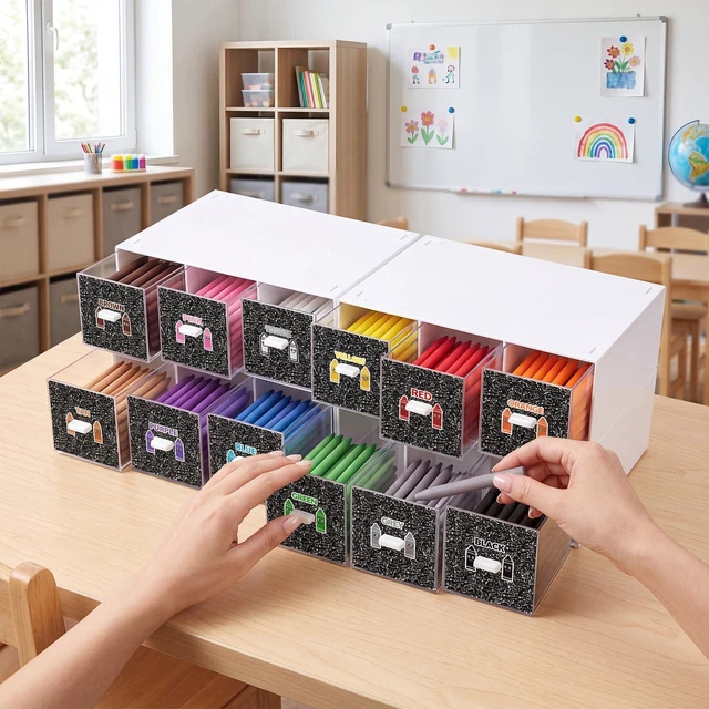 Alt view image 4 of 6 - 12 Pcs/ 4 Pack Plastic Crayon Organizer for Classroom Back to School Crayon Storage Boxes Drawer for Marker Pen Art Craft Supplies Crayons Container for Classroom Office Table with Color Label