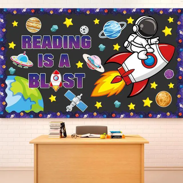 Main image of Outer Space Astronaut Bulletin Board Decorations Space Theme Classroom Bulletin Board Set Galaxy Borders Reading is A Blast Adventure Star Cutouts Back to School Preschool Chalkboard Wall Supplies