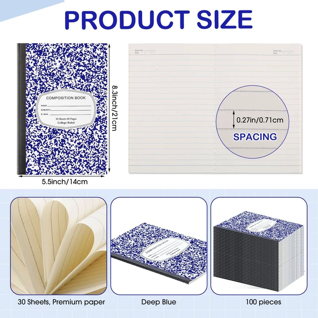 Alt view image 2 of 7 - 100 Pack College Ruled Composition Notebooks A5,Blue 30 Sheets/60 Pages Marble Cover Composition Journals Bulk for Back to School Classroom High College School Supplies