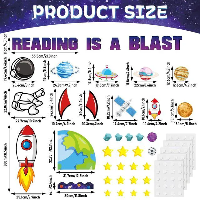Alt view image 2 of 7 - Outer Space Astronaut Bulletin Board Decorations Space Theme Classroom Bulletin Board Set Galaxy Borders Reading is A Blast Adventure Star Cutouts Back to School Preschool Chalkboard Wall Supplies
