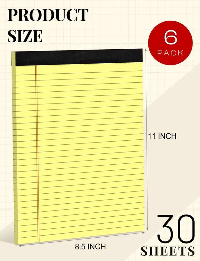 Alt view image 2 of 7 - 6 Pack Note Pads 8.5x11, Wide Ruled, Lined Writing Pads Yellow Legal Pads Letter Size 8.5 x 11 Notebook for Work Micro Perforated Legal Notepads Yellow Lined Paper Pads 27 Lines, 30 Sheets/Pad