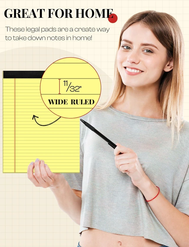 Alt view image 3 of 7 - 6 Pack Note Pads 8.5x11, Wide Ruled, Lined Writing Pads Yellow Legal Pads Letter Size 8.5 x 11 Notebook for Work Micro Perforated Legal Notepads Yellow Lined Paper Pads 27 Lines, 30 Sheets/Pad