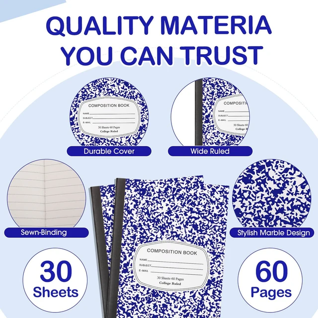 Alt view image 3 of 7 - 100 Pack College Ruled Composition Notebooks A5,Blue 30 Sheets/60 Pages Marble Cover Composition Journals Bulk for Back to School Classroom High College School Supplies