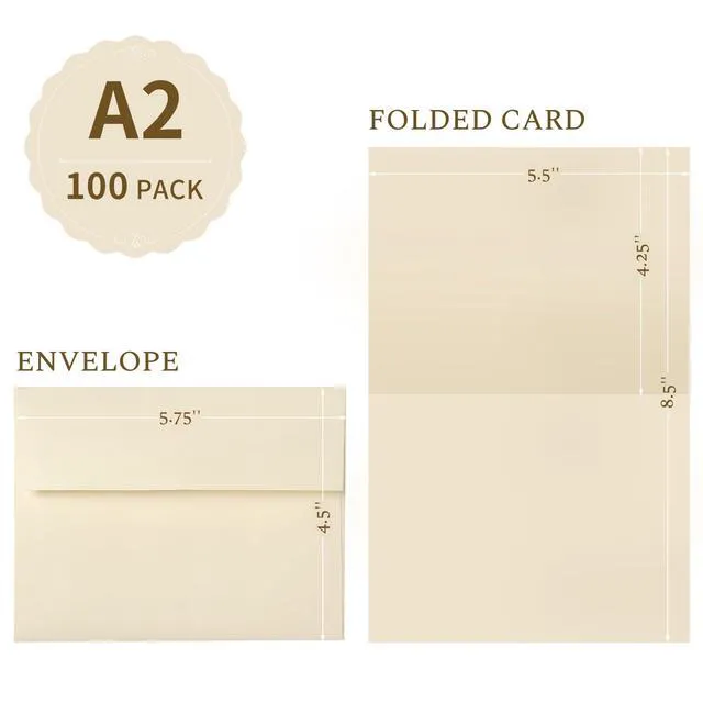 Alt view image 2 of 7 - A2 Cream Folded Blank Cards and Envelopes 100 Pack 4.25 x 5.5 Ivory Cardstock and A2 Envelopes Self Seal 100 for Wedding, Invitations, Thank You Cards & All Occasion
