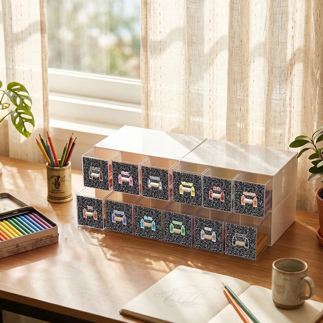 Alt view image 6 of 6 - 12 Pcs/ 4 Pack Plastic Crayon Organizer for Classroom Back to School Crayon Storage Boxes Drawer for Marker Pen Art Craft Supplies Crayons Container for Classroom Office Table with Color Label