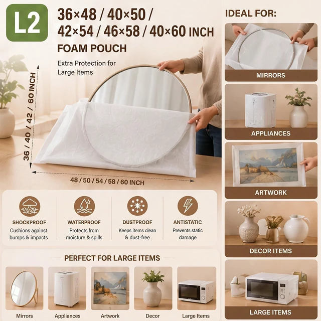 Alt view image 2 of 7 - 10 Pcs 40x50 Inch Foam Pouches, Extra Large Foam Pouches, Moving Supplies Packing Foam for Canvas Artwork, Mirrors, Furniture Parts, Flat TV Screens, Tabletops Packing Storage and Shipping