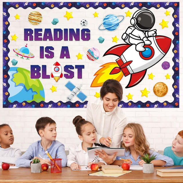 Alt view image 7 of 7 - Outer Space Astronaut Bulletin Board Decorations Space Theme Classroom Bulletin Board Set Galaxy Borders Reading is A Blast Adventure Star Cutouts Back to School Preschool Chalkboard Wall Supplies