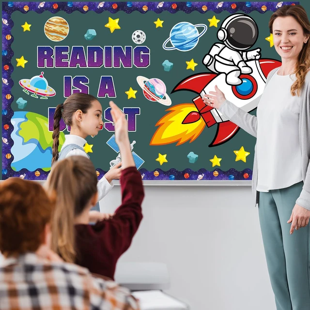 Alt view image 4 of 7 - Outer Space Astronaut Bulletin Board Decorations Space Theme Classroom Bulletin Board Set Galaxy Borders Reading is A Blast Adventure Star Cutouts Back to School Preschool Chalkboard Wall Supplies