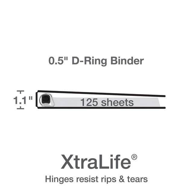 Alt view image 3 of 6 - 3 Ring Binders, 0.5 inch ONE-Touch Easy Open D Rings, Durable Binders for School and Office, View Binder Covers, Xtralife Hinge, Non-Stick, PVC-Free, Black, Holds 125 Sheets, 6 PK (79901)