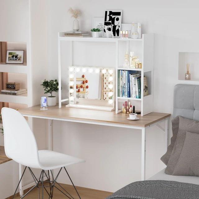 Alt view image 2 of 7 - White 37" Desk Hutch for Table Top, Dorm Desk Bookshelf with Side Baffles, Desktop Organizer Shelf for Office & College, Monitor Riser Stand
