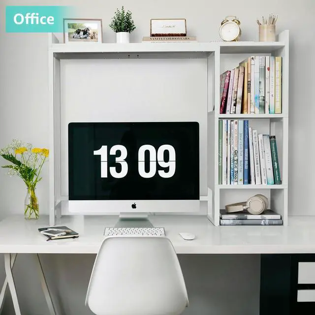 Alt view image 5 of 7 - White 37" Desk Hutch for Table Top, Dorm Desk Bookshelf with Side Baffles, Desktop Organizer Shelf for Office & College, Monitor Riser Stand