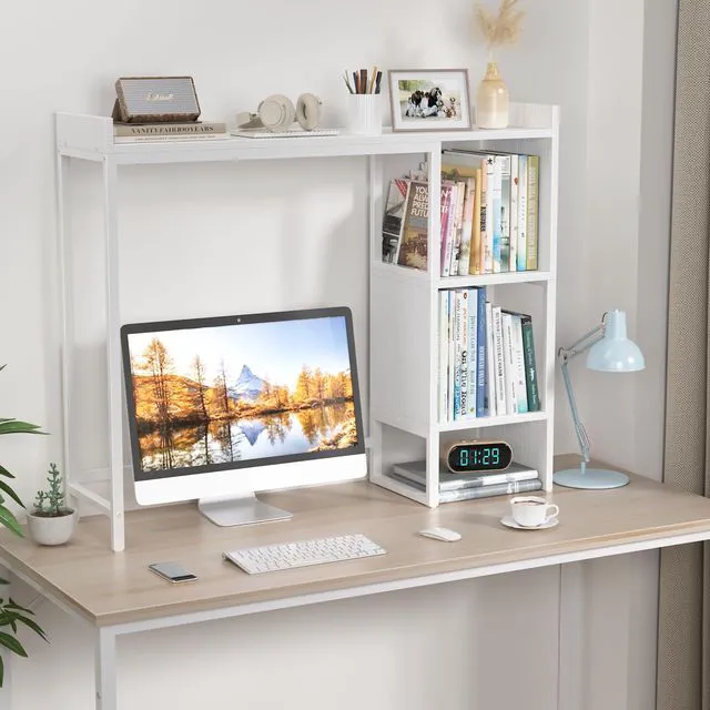 Alt view image 4 of 7 - White 37" Desk Hutch for Table Top, Dorm Desk Bookshelf with Side Baffles, Desktop Organizer Shelf for Office & College, Monitor Riser Stand