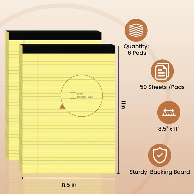 Alt view image 2 of 6 - 6pcs Legal Pads 8.5 x 11, Perforated Yellow Notepad 8.5x11, 50Sheets/Pad Writing Pads 8.5x11, College Ruled Thick Paper, Lined Note Pads with Sturdy Backing, Office & School Supplies