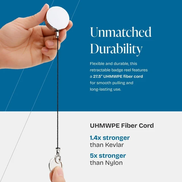 Alt view image 3 of 6 - 4 Pack Retractable Keychain - Heavy Duty Metal Badge Reel, White ID Badge Holder Reel with Metal Casing with 27.5"UHMWPE Fiber Pull Cord for Durability and Easy Access - Holds up to 8 Keys