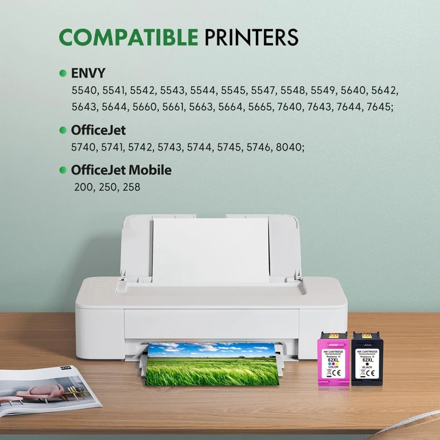 Alt view image 2 of 7 - Compatible 62XL Ink Cartridge Replacement for HP Envy 5540 5549 5640 5660 7640 OfficeJet Mobile 250 200 OfficeJet 5740 5741 8040, Black, Tri-Color, 2-Pack