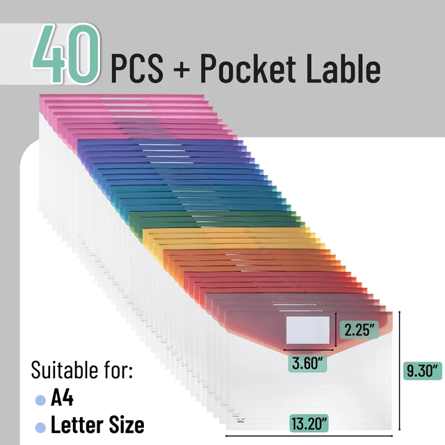 Alt view image 2 of 7 - Clear Plastic Envelopes File Folders, 40 Pack, A4, Letter Size Colorful Flaps, Bulk Clear Folders for Documents Plastic Poly Envelopes with Label for School, Home, Work, Office, Organizer