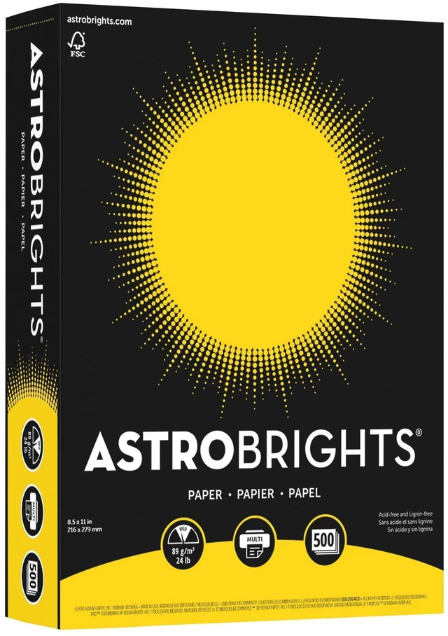Main image of Astrobrights 21538 Acid-Free Copy Paper, 24 lb., 2.5" Height, 8.5" Width, 11" Length, Solar Yellow (Pack of 500)